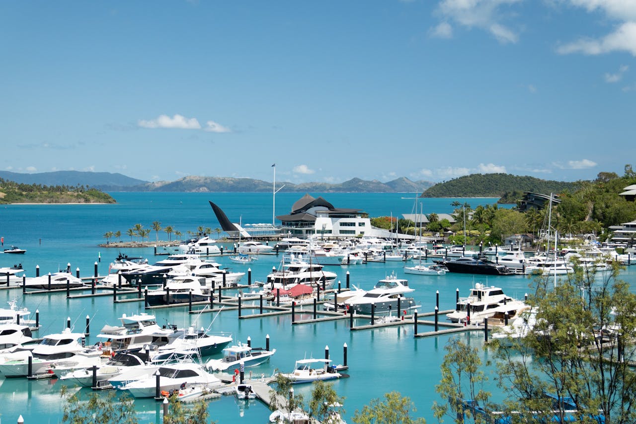 Services-01 Aerial view of boats docked at Hamilton Island Marina, Australia.