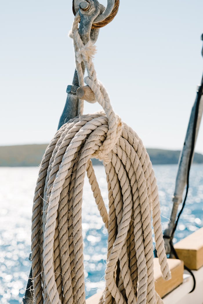 Detailed view of a coiled rope hanging on a sailboat deck with the sea in the background.